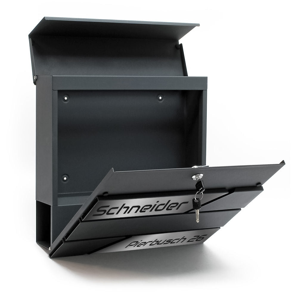 Moderner Briefkasten Oslo mit Zeitungsfach - Anthrazit pulverbeschichtet – durch aufgesetzte Edelstahlschilder individuell personalisierbar